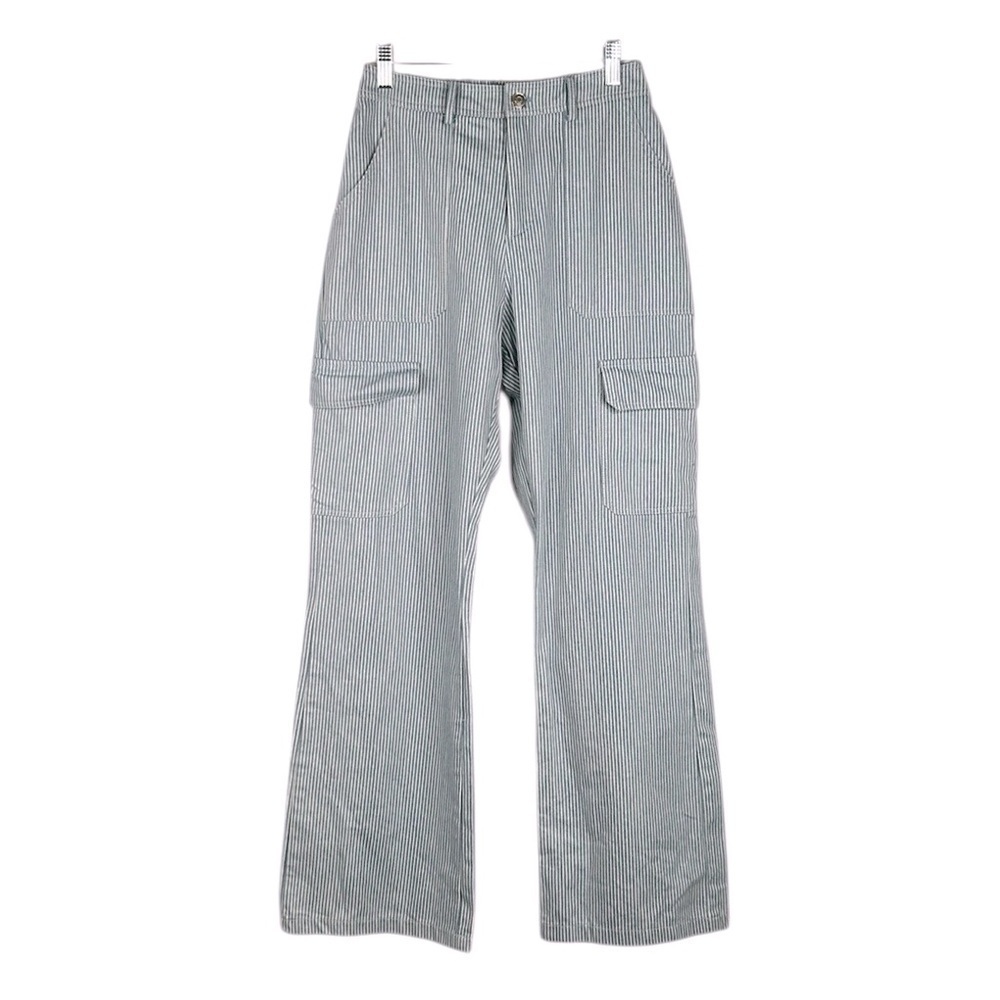 Klenis Seersucker Blue & White Striped Coastal Cargo Wide Leg‎ Pants Size Small
